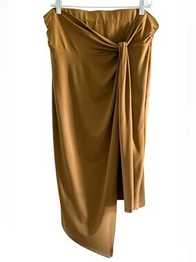 Nine West Brown Midi Faux Tie Wrap Skirt Asymmetrical Lined Lightweight Stretch